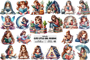 Cute Little Girl Reading Clipart, an Illustration by Pixels.Craft
