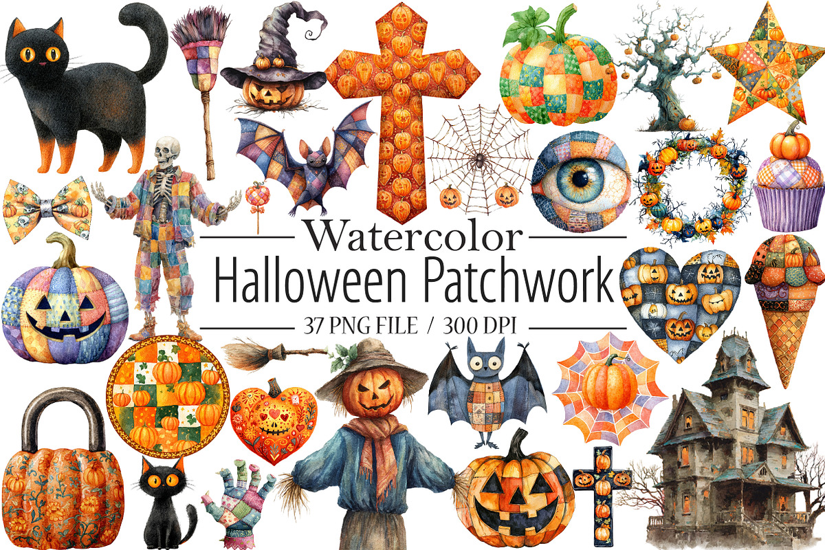 Halloween Patchwork Clipart PNG, an Illustration by Libby Wishes (Photo 1 of 7)