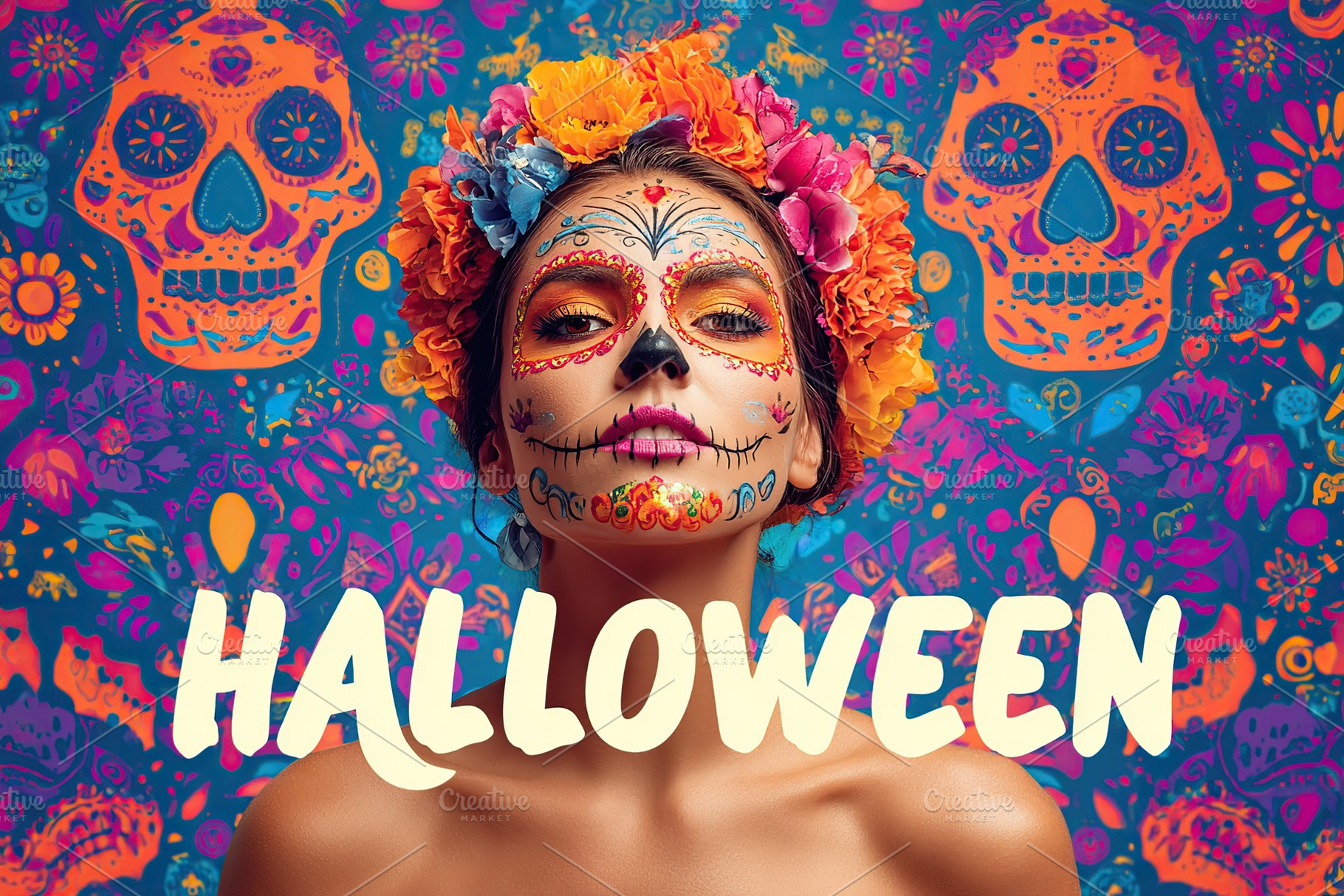 Colorful Day of the Dead celebration with woman in traditional makeup and flora, a Person Photo by AlyaAnd