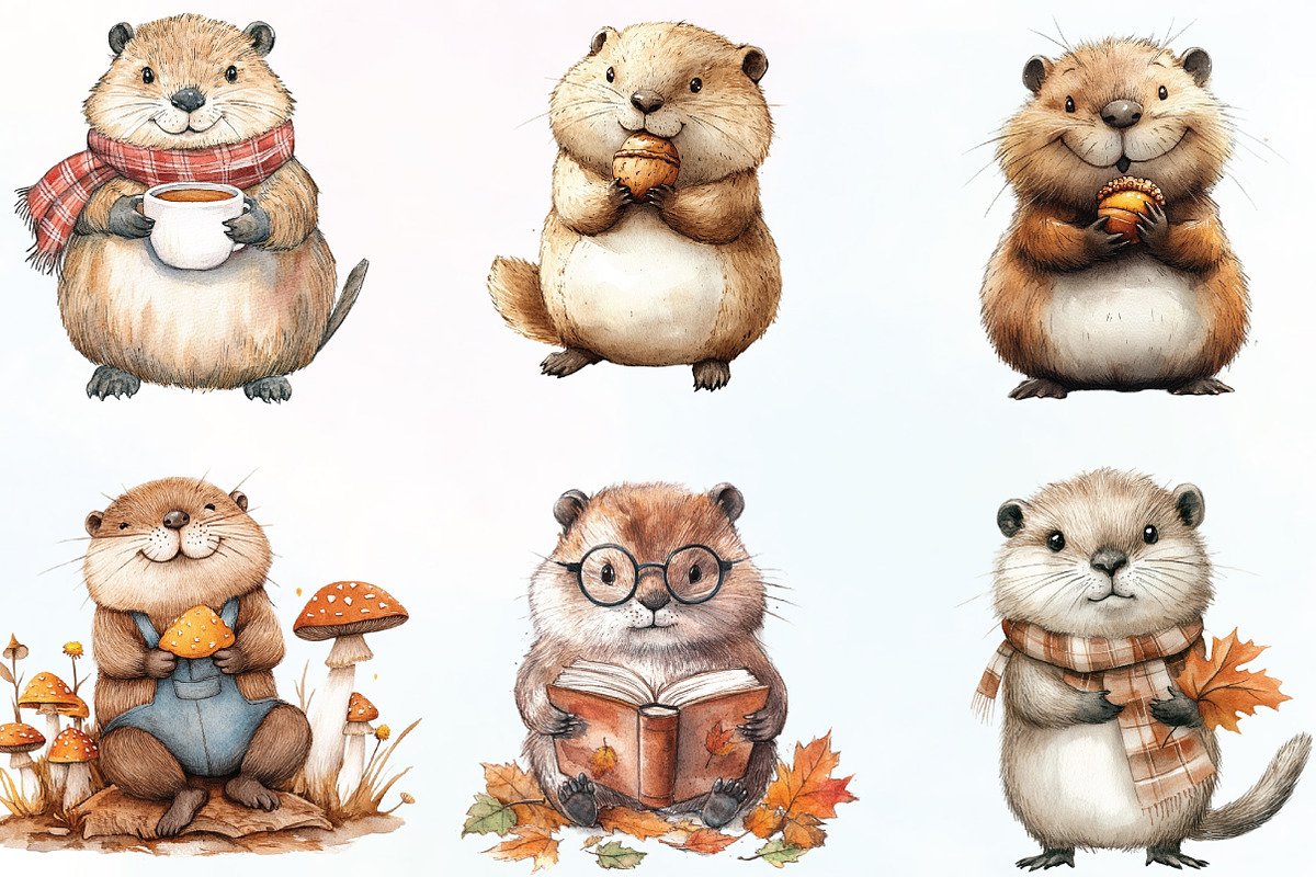 Watercolor Autumn Cute Beaver, an Illustration by CraftArtStudio (Photo 2 of 6)