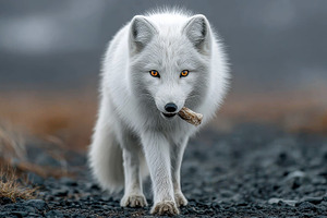 Arctic fox walking on rocks carrying, a Photo by Pixeness Studio