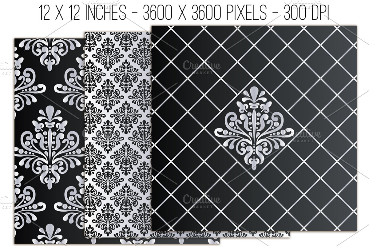 Black & Silver Damask 12 Pattern Set preview 2