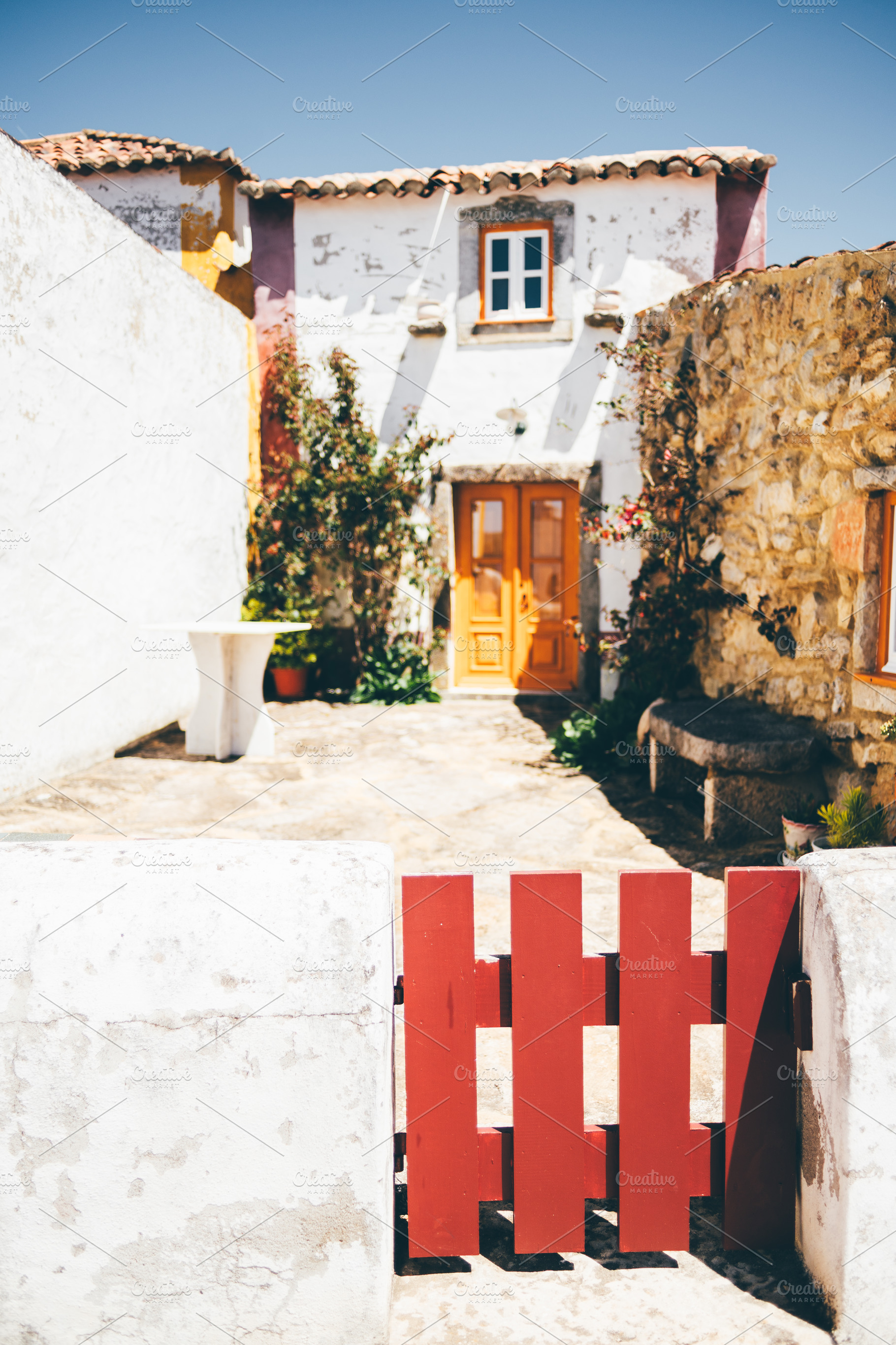 Red gate in sunny village courtyard, an Architecture Photo by SkyNext