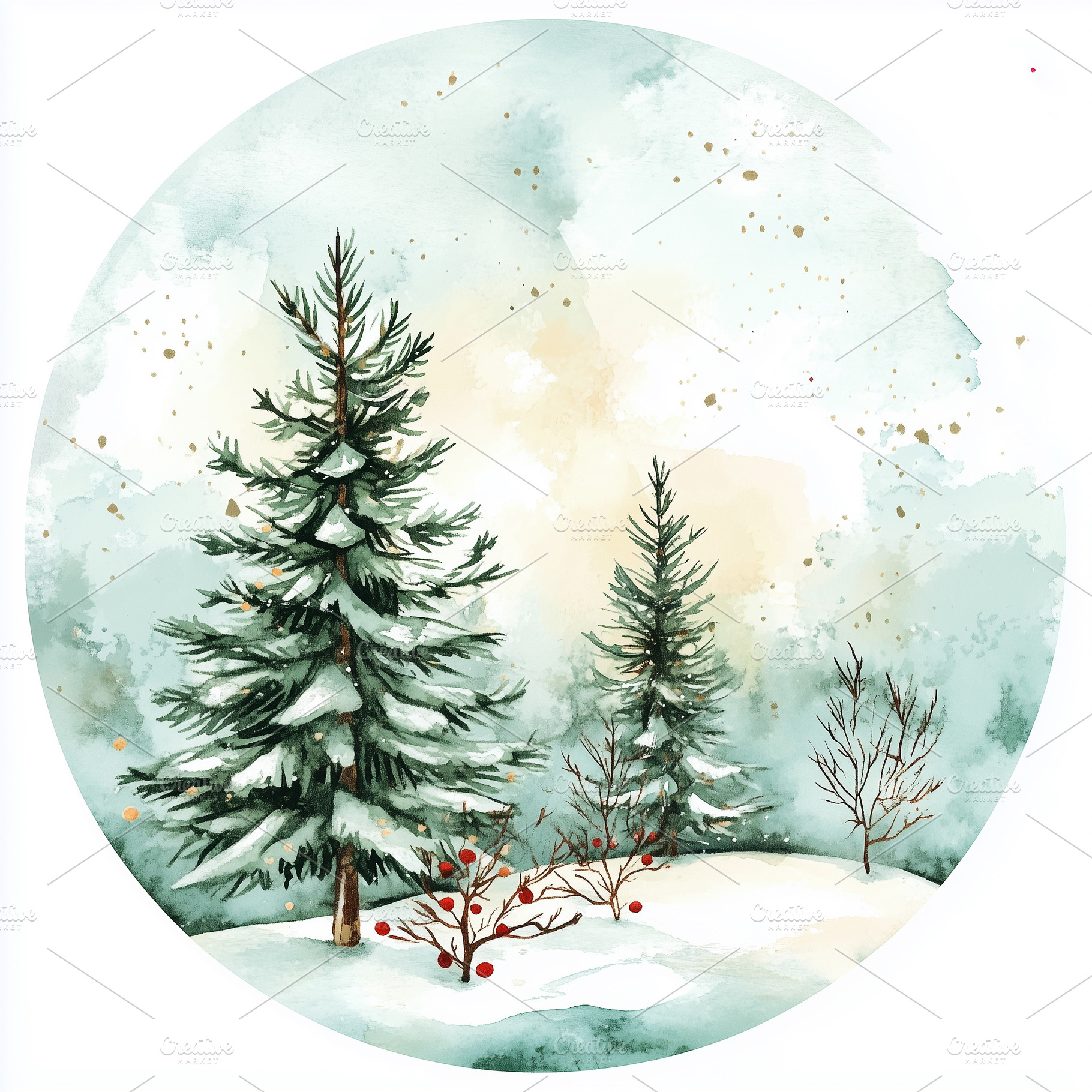 Watercolor round snowy forest, a Nature Photo by MistyDay