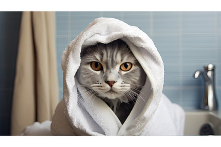 Cat in bathrode and towel on head, an Animal Photo by Neirfy