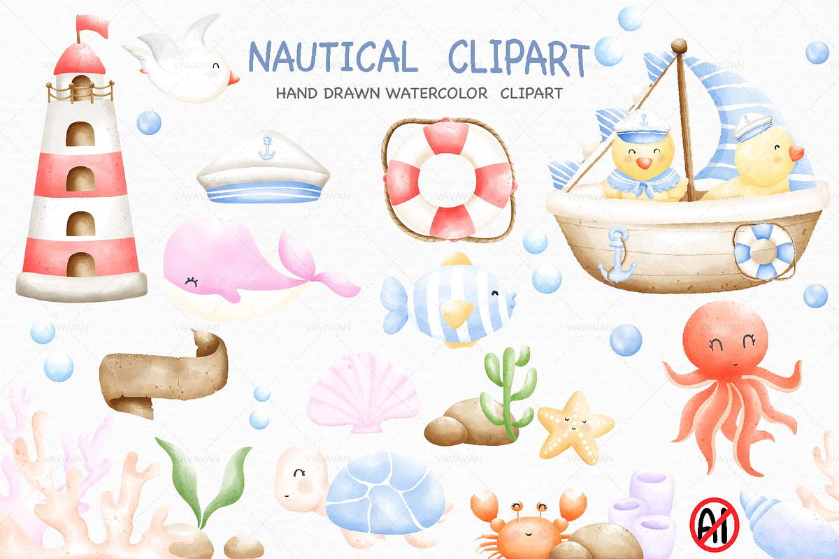 Nautical summer watercolor Clipart, a Seasonal Illustration by Vavavan Artwork (Photo 1 of 6)
