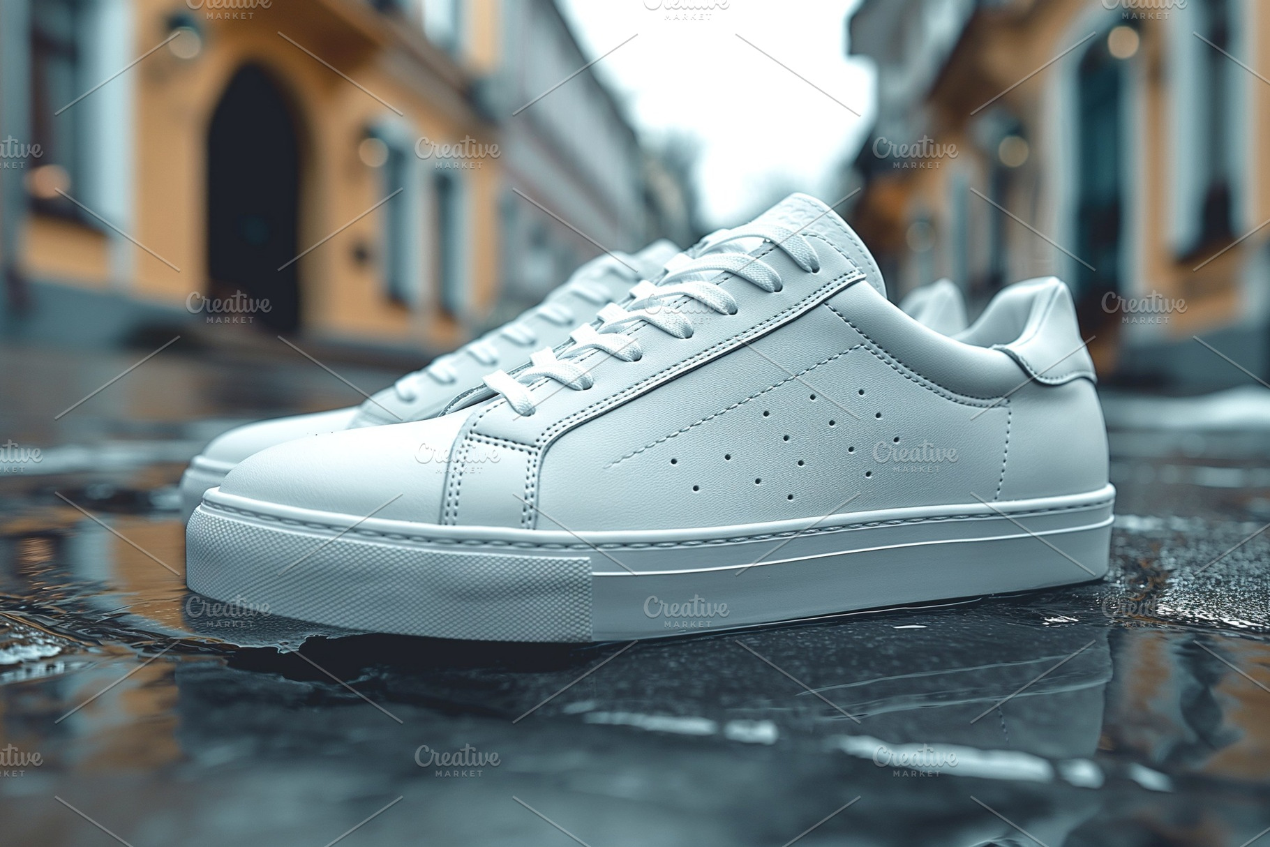 A pair of sleek white sneakers elegantly displayed on a reflective wet pavement, a Background Photo by ImageMir