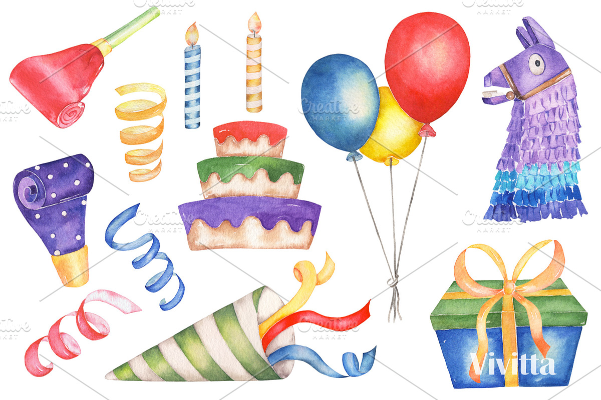 Birthday Party watercolor clipart, a Decorative Illustration by Vivitta (Photo 3 of 5)