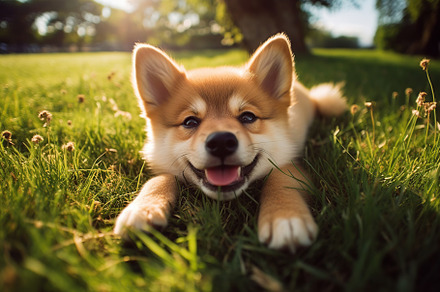 Cute dog lying down on the green grass. Generative AI, an Animal Photo by AlyaAnd