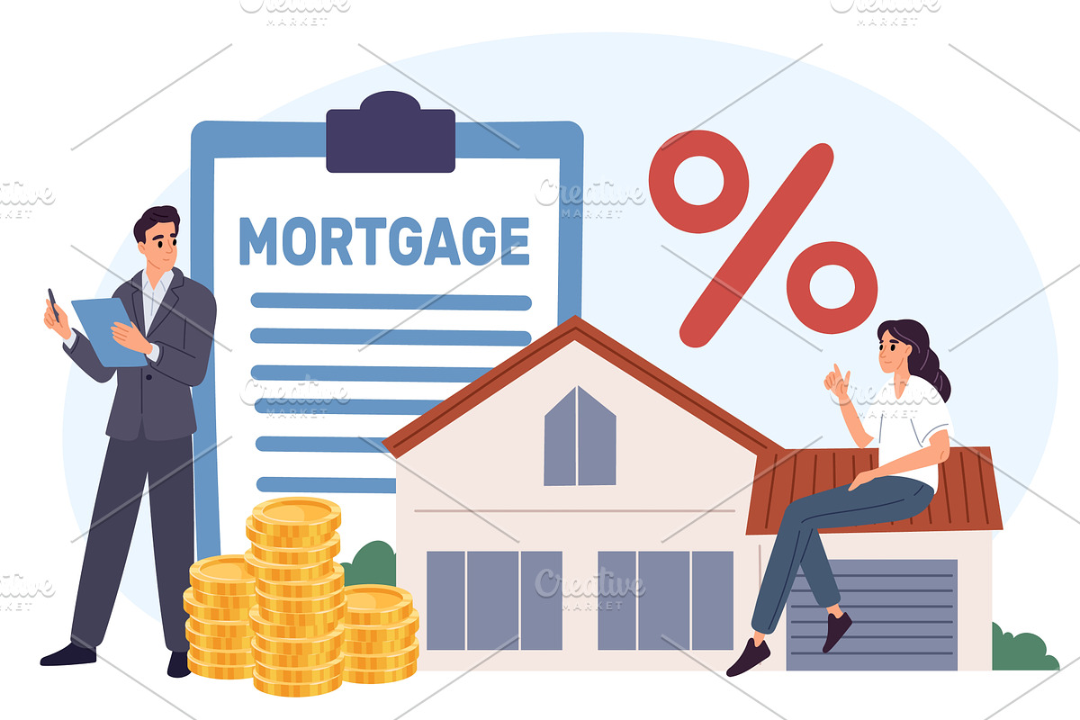 Couple taking out mortgage. Man and, an Object Illustration by Vectorbuum