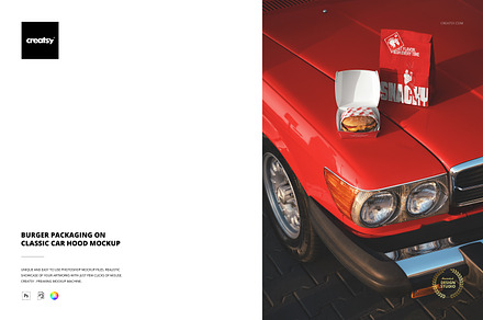 Burger Packaging on Car Hood Mockup, a Packaging Mockup by creatsy5