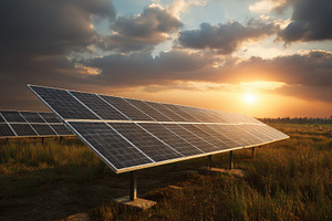 Solar panels at sunset clean energy, a Photo by Pixeness Studio