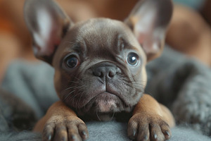 Adorable brown French Bulldog puppy with big eyes, resting playfully on a cozy, an Animal Photo by ImageMir
