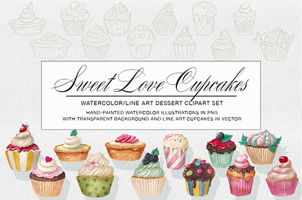 Sweet watercolor & line art Cupcakes