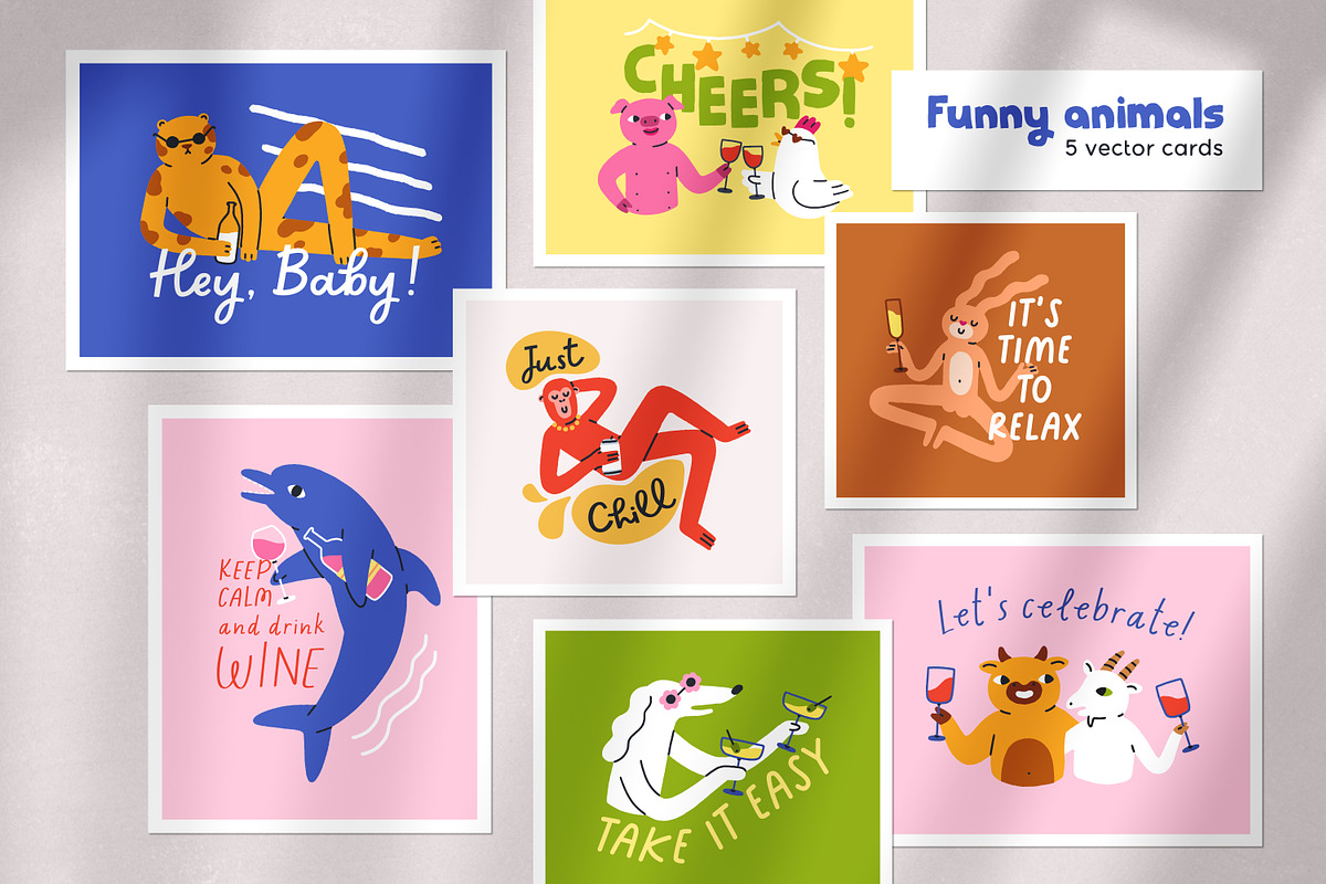 Funny animals drink, party cards set, an Animal Illustration by Good Studio (Photo 1 of 14)