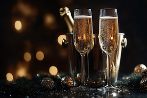 Champagne glasses and bucket with champagne bottle on blurred lights background, a Food & Drink Photo by AlyaAnd