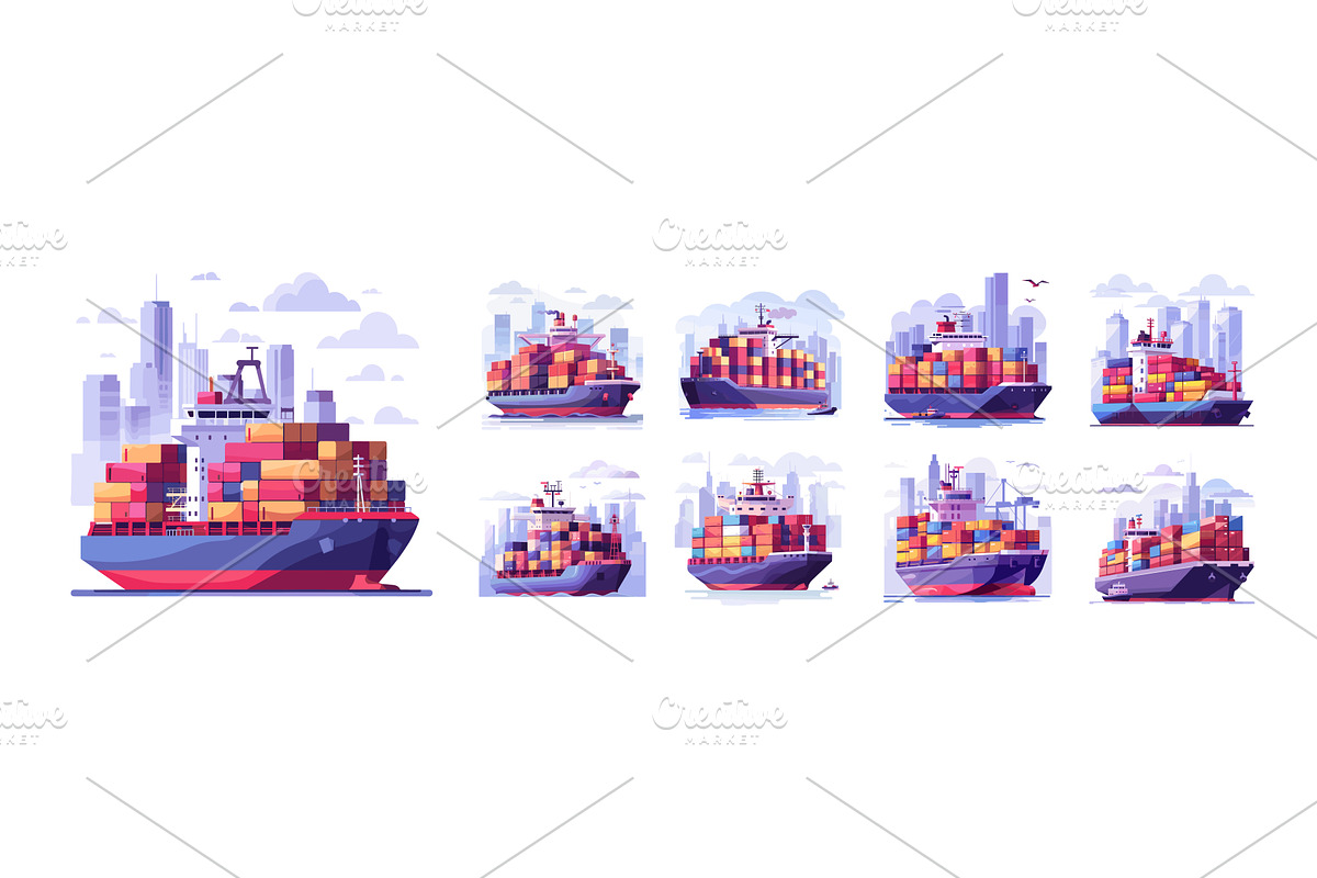 Sea logistics cartoon vector set, a Transportation Illustration by Onyx