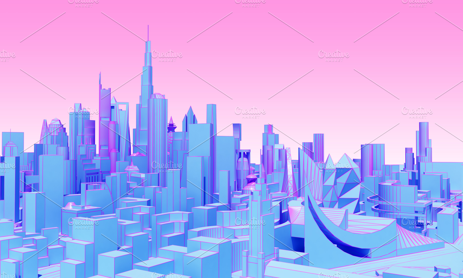 abstract city in pink blue tones, an Architecture Photo by digibox