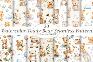 Watercolor Teddy Bear Seamless Patte, a Pattern Graphic by Design Market