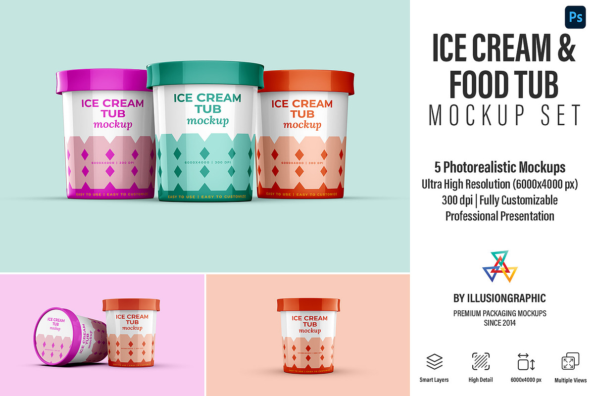 Ice Cream & Food Tub Mockup Set, a Cups & Container Mockup by Illusiongraphic (Photo 1 of 18)