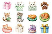 Watercolor Cats Birthday Clipart, a Seasonal Illustration by CitraGraphics (Thumbnail 4 of 7)