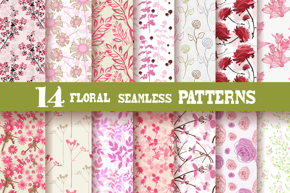 14 Pink Floral Patterns Set
