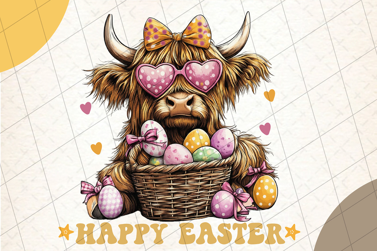 Easter Day Highland Cow PNG, an Illustration by DreamCafeArt (Photo 1 of 8)