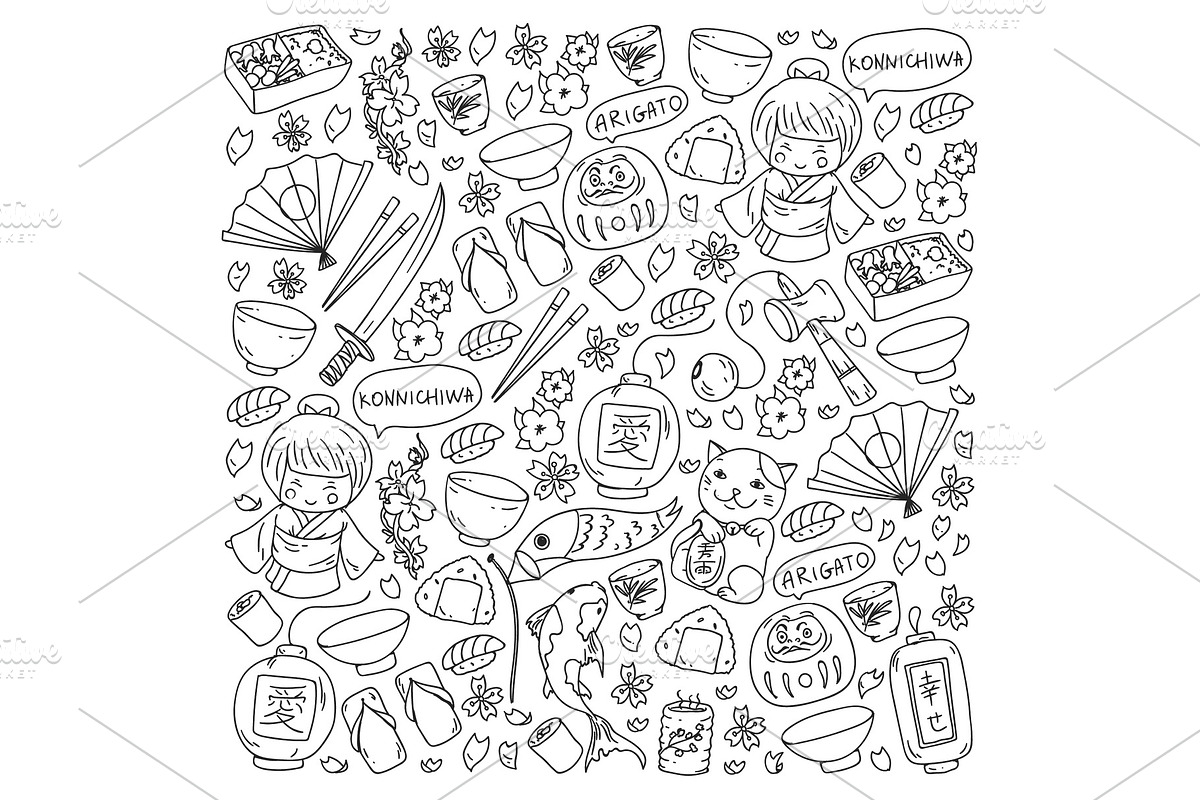 Japan. Vector pattern with japanese, a Food Illustration by Doodle