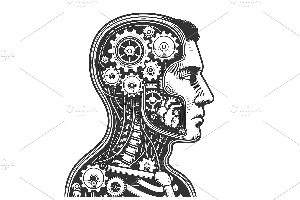 Mechanical Human Head with Gears and, a Technology Illustration by AlexArt