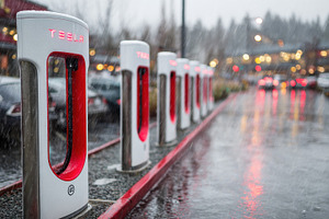 Tesla Superchargers in the Rain Elec, a Photo by Pixeness Studio