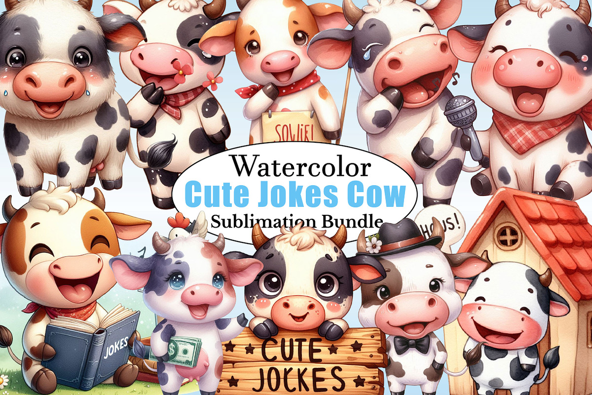 Watercolor Cute Jokes Cow PNG, a Graphic by CitraGraphics (Photo 1 of 6)