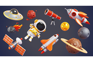 3d alien ufo, planets, astronaut, a Technology Illustration by Marozhkastudio