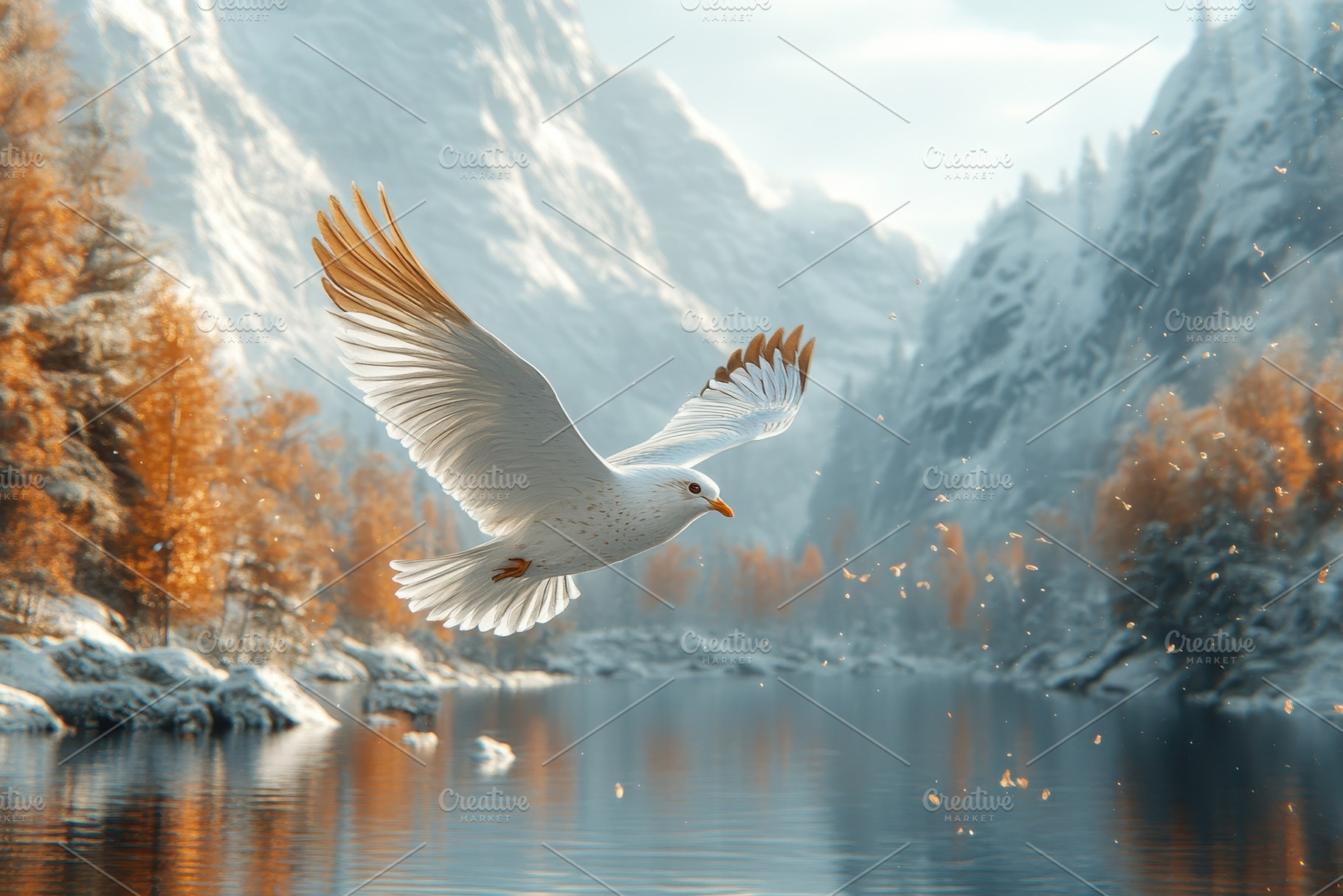 Beautiful bird flying over a tranqui, a Photo by Tanuart