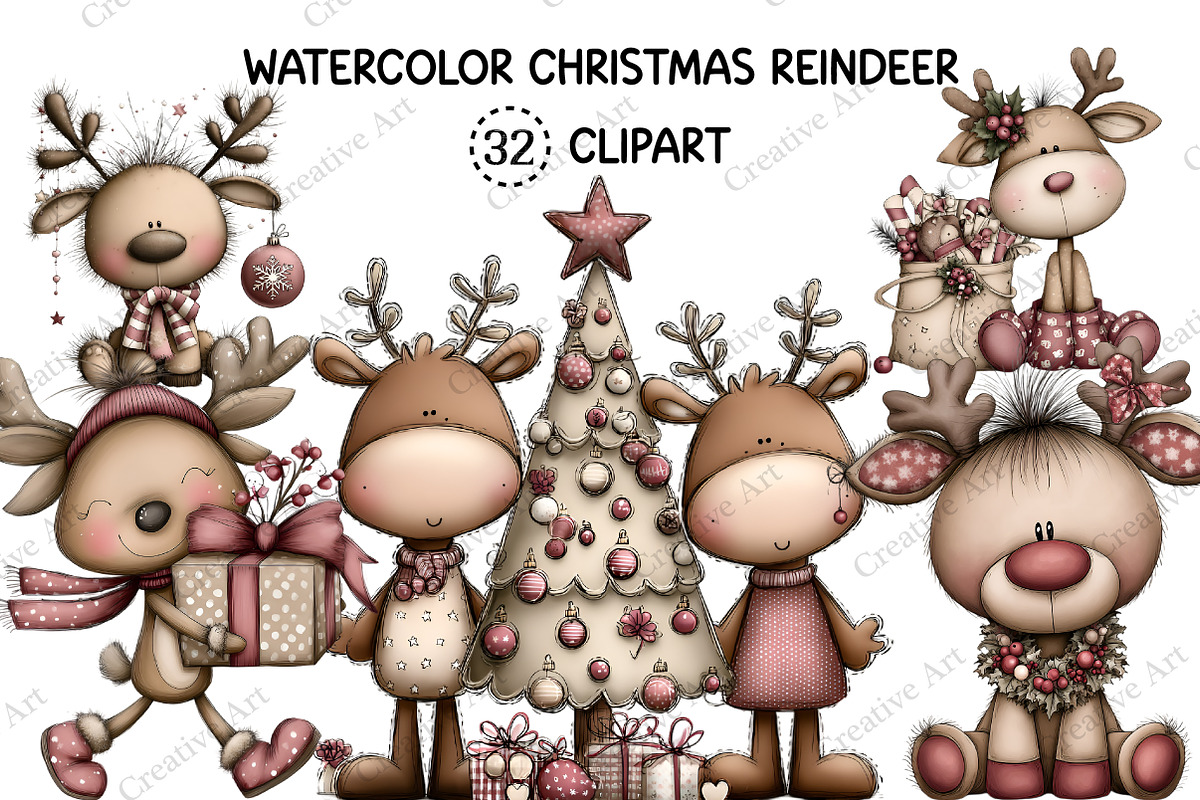 Watercolor Christmas Reindeer Bundle, an Illustration by Creative Art (Photo 1 of 9)