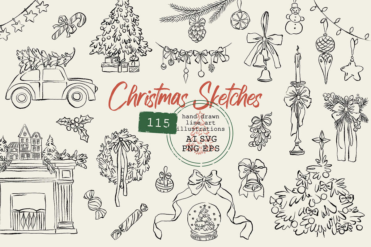 Christmas Line Art Hand Drawn Set, a Seasonal Illustration by Berentine.art (Photo 1 of 9)