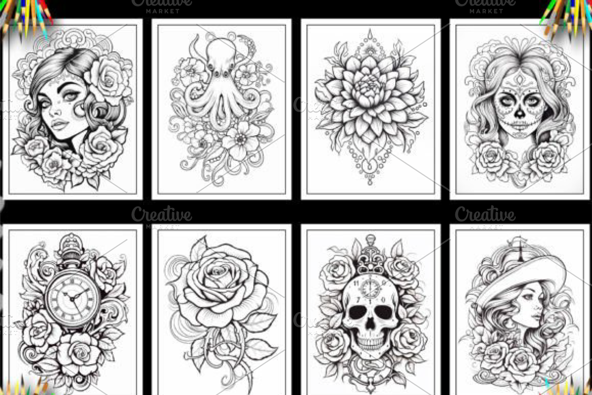 200+ Vintage Tattoo Coloring Pages, a Decorative Illustration by Design Station (Photo 2 of 3)