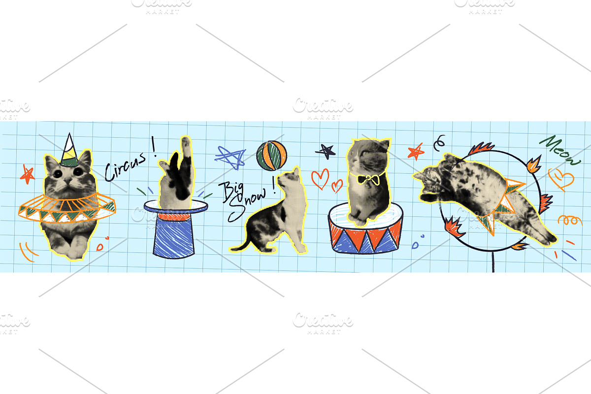 Halftone cats with doodle circus, an Illustration by art PVP - market
