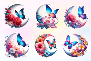 Butterfly And Flower Moon Clipart