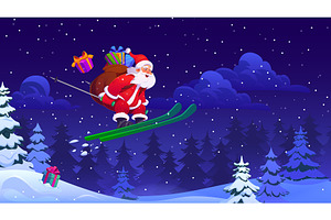 Santa Claus flying on ski with bag