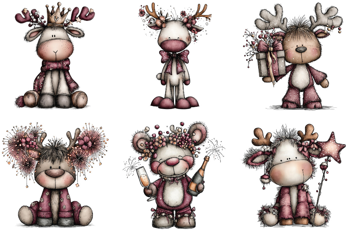 Whimsical New Year Reindeer Clipart, an Illustration by CraftArtStudio (Photo 2 of 6)