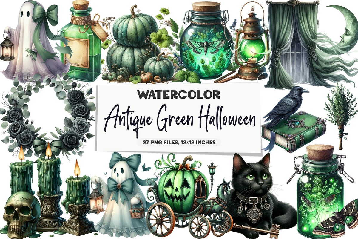Antique Green Halloween Clipart, an Illustration by DreamArtGraphic (Photo 1 of 5)