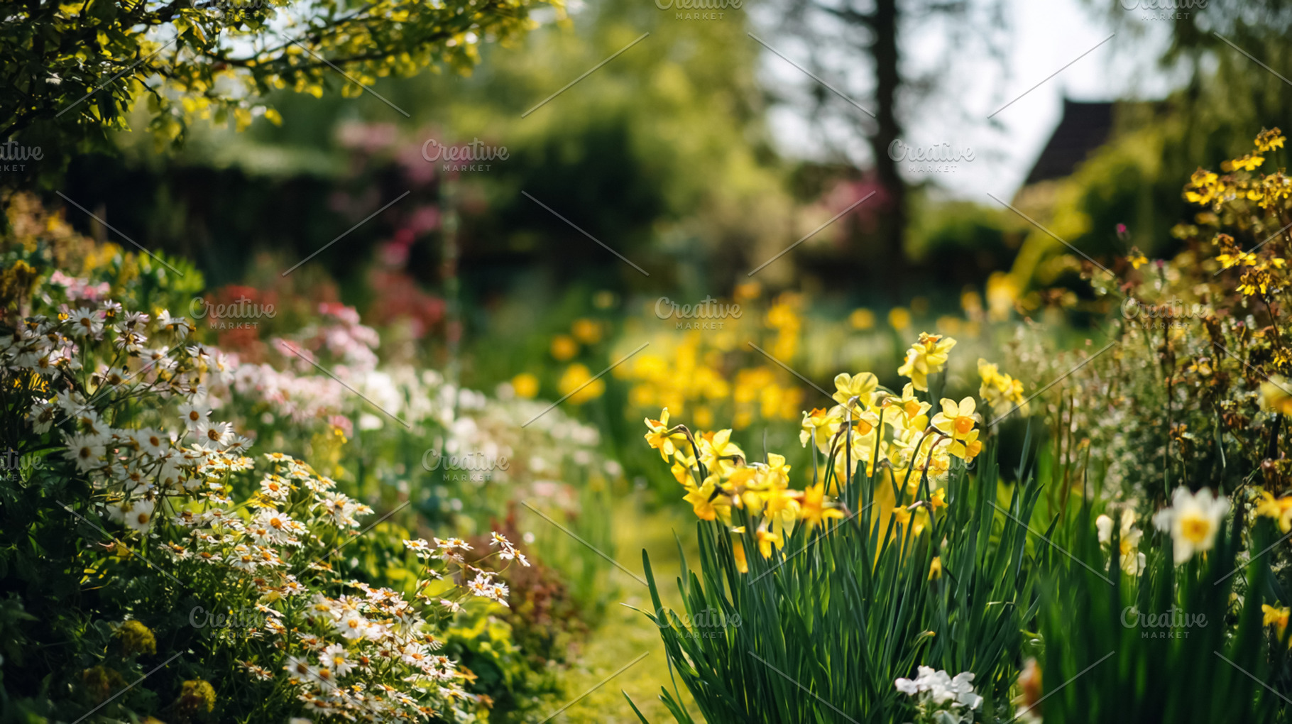 Lush spring garden full of yellow narcissus daffodils and white, a Photo by Studio ANNA