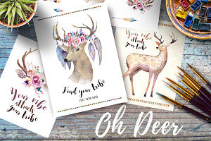 Watercolor Deer And Horns. Bohemian