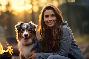 Portrait of Australian Shepherd dog with woman sitting in forest near bonfire, an Animal Photo by Lenor4ik