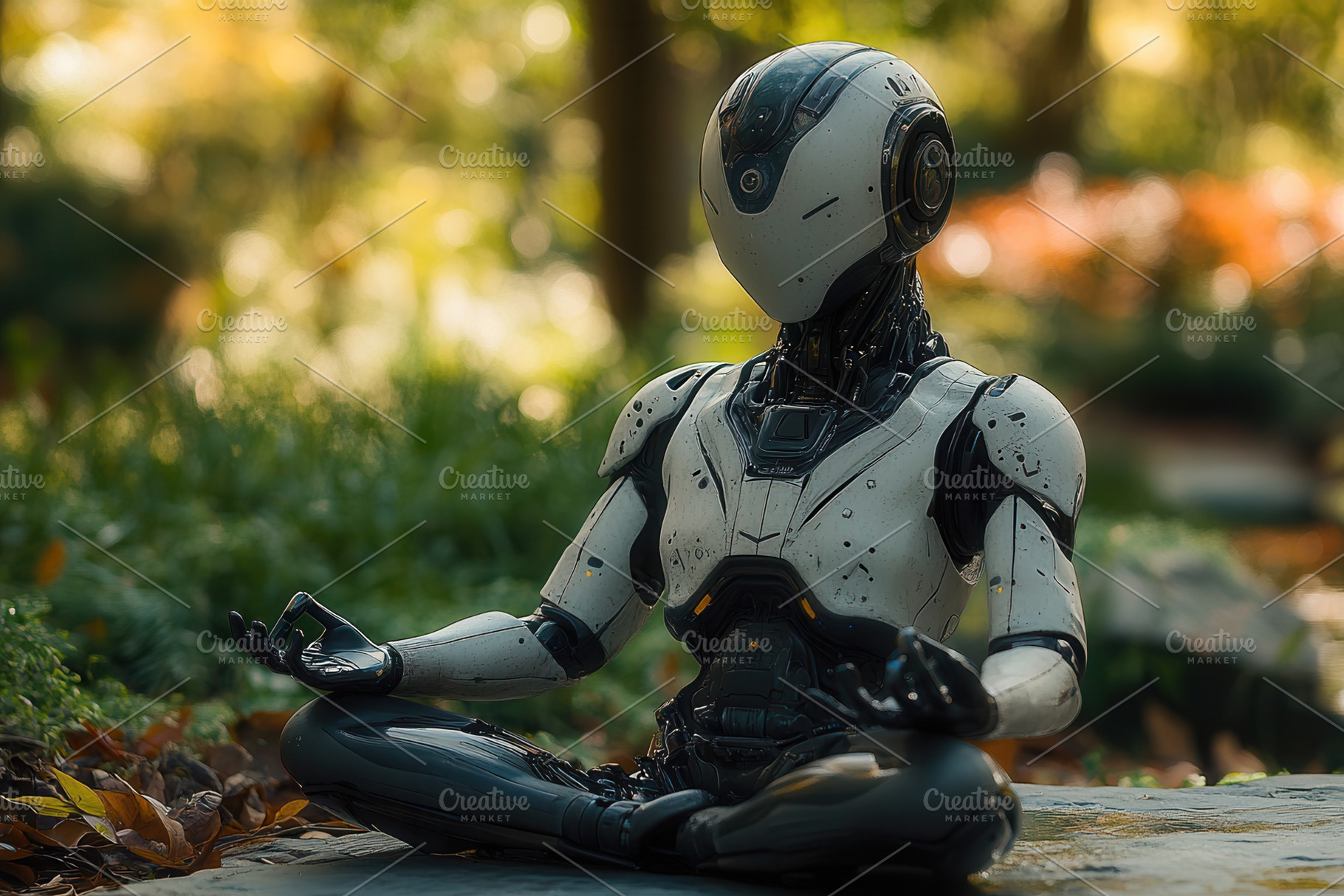 Robot in meditation poses quietly in, a Photo by Tanuart