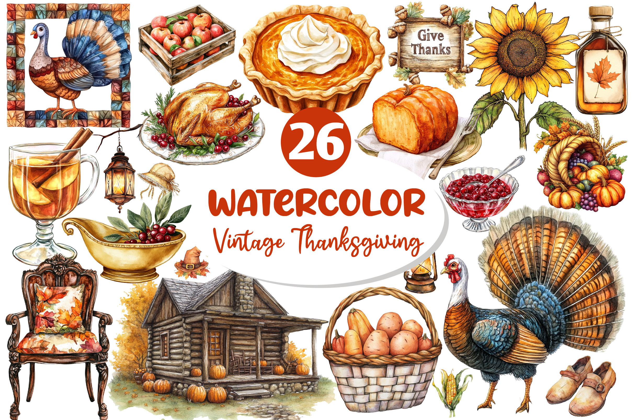 Vintage Thanksgiving Clipart Bundle, an Illustration by Dream Creation