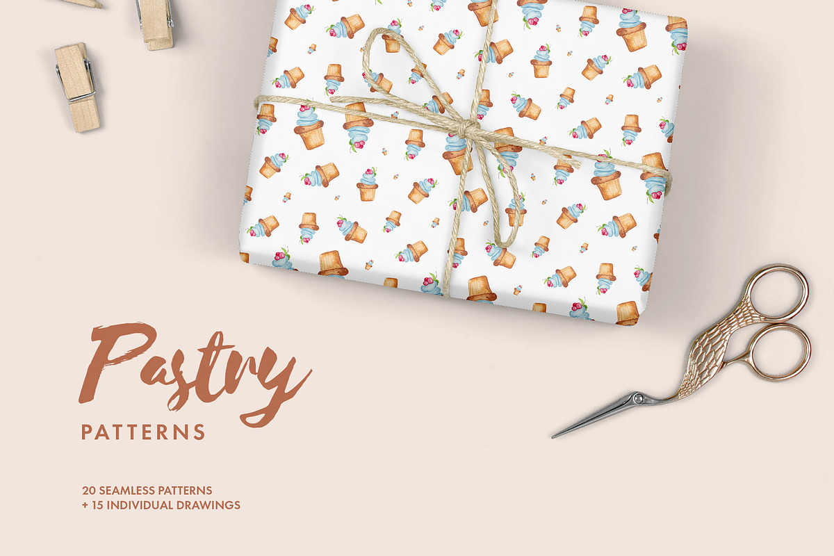 Watercolor Pastry Patterns, a Pattern Graphic by Spirit of Colors (Photo 1 of 10)