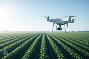Drone overseeing a vast agricultural, a Photo by Dvoevnore photos
