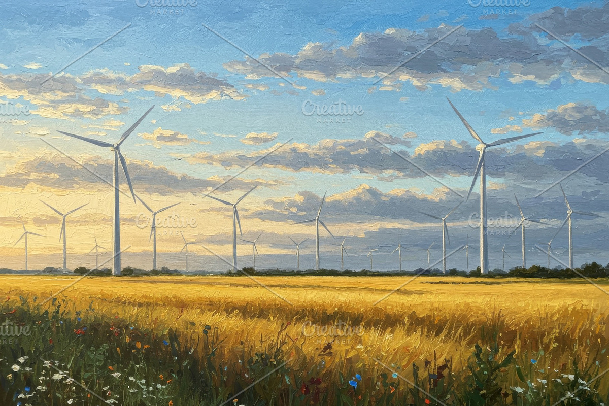 Impressionist painting of wind turbi, an Illustration by professorinc