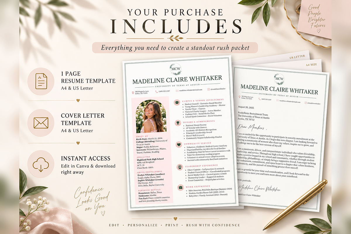 Sorority Rush Resume Canva Template, a Resume Template by Moeen (Photo 3 of 8)